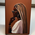 Notebook with a design of a woman with braided hair on a brown background