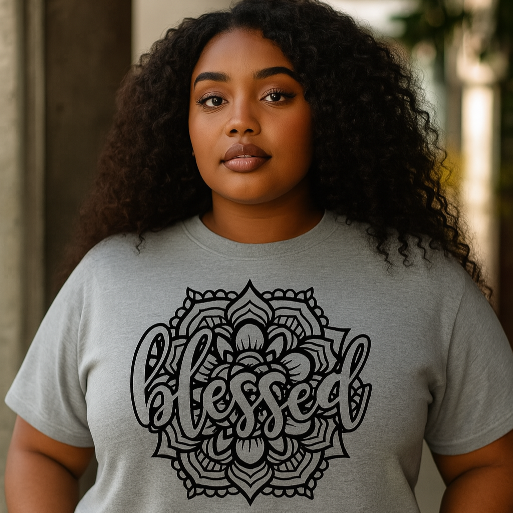 Person wearing a gray t-shirt with a black mandala design and the word 'blessed'.