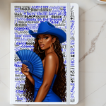 Book cover with a woman in a blue dress. BOOTS ON THE GROUND JOURNAL