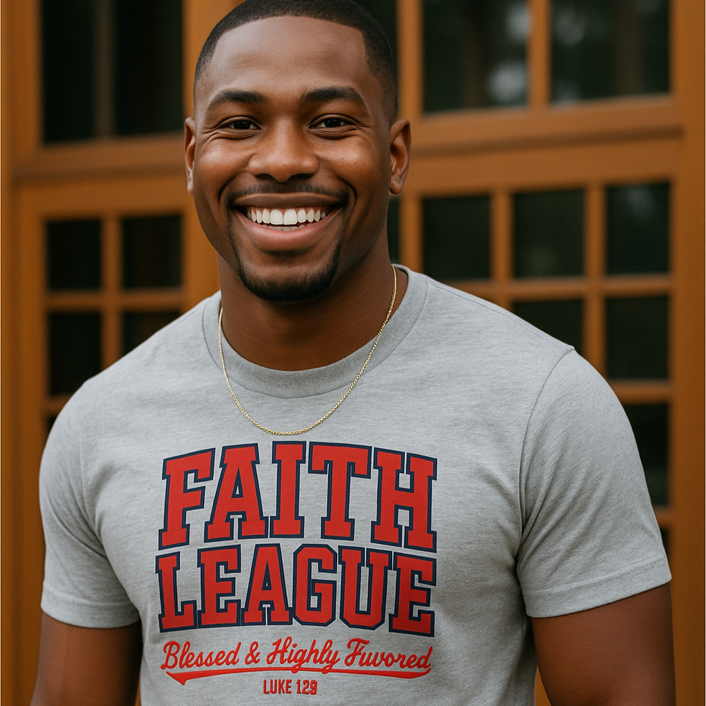 Man wearing a gray t-shirt with 'FAITH LEAGUE' text, standing outdoors.
