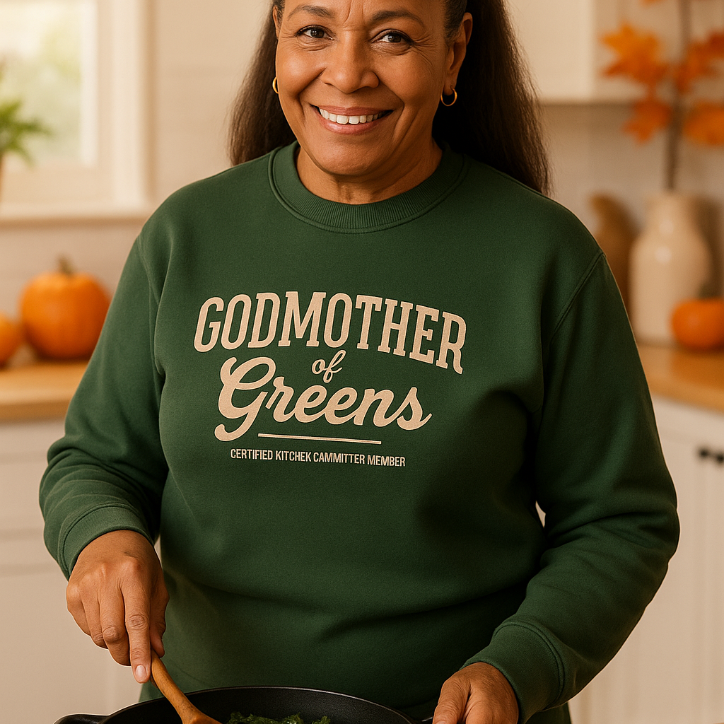 Woman in a kitchen wearing a green 'Godmother of Greens' sweatshirt, cooking greens.