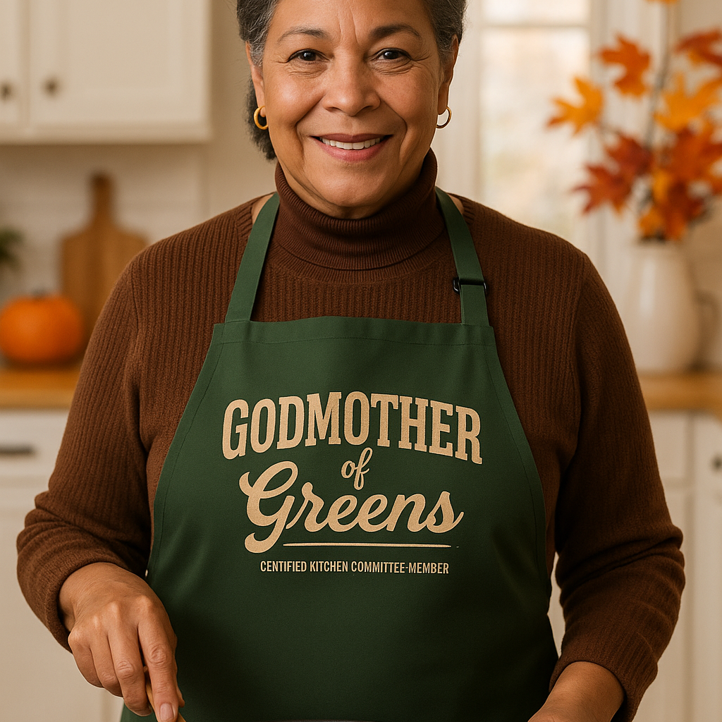 Woman in a kitchen wearing a green apron with 'Godmother of Greens' text, cooking greens.
