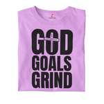 Folded purple t-shirt with 'GOD GOALS GRIND' text on a white background