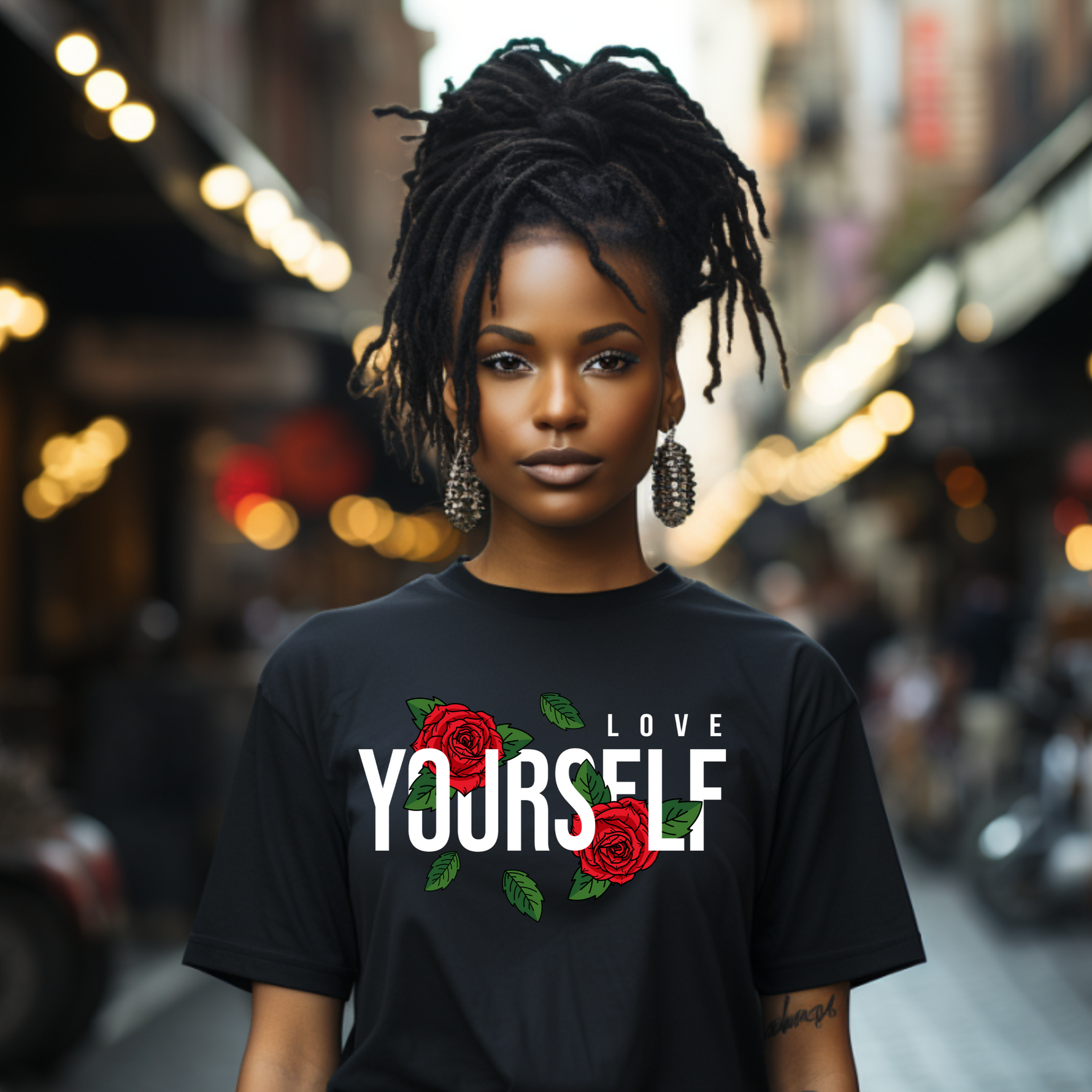 Woman wearing a black t-shirt with 'LOVE YOURSELF' and roses on a city street.