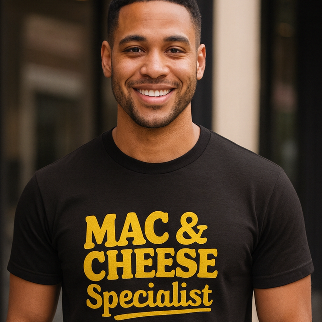Man wearing a black t-shirt with 'MAC & CHEESE Specialist' in yellow text.