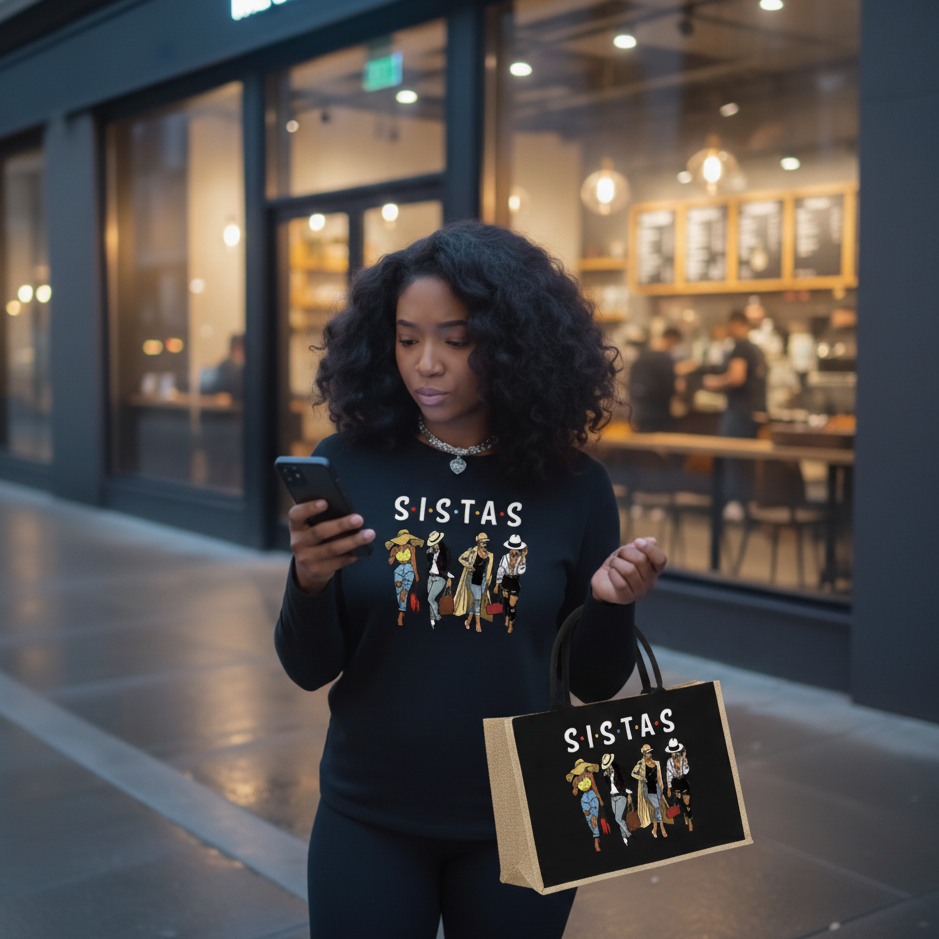 Woman wearing a black sweatshirt and holding a bag with 'SISTAS' design in front of a store.