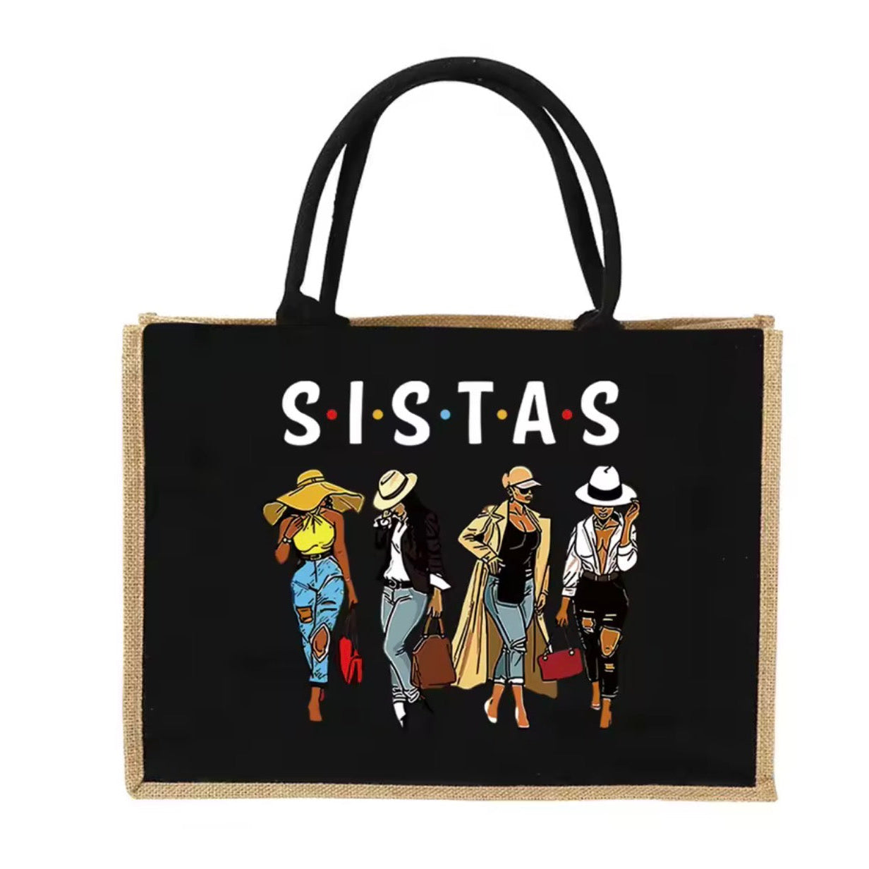 Black tote bag with illustrations of women and the word 'SISTAS' on a white background