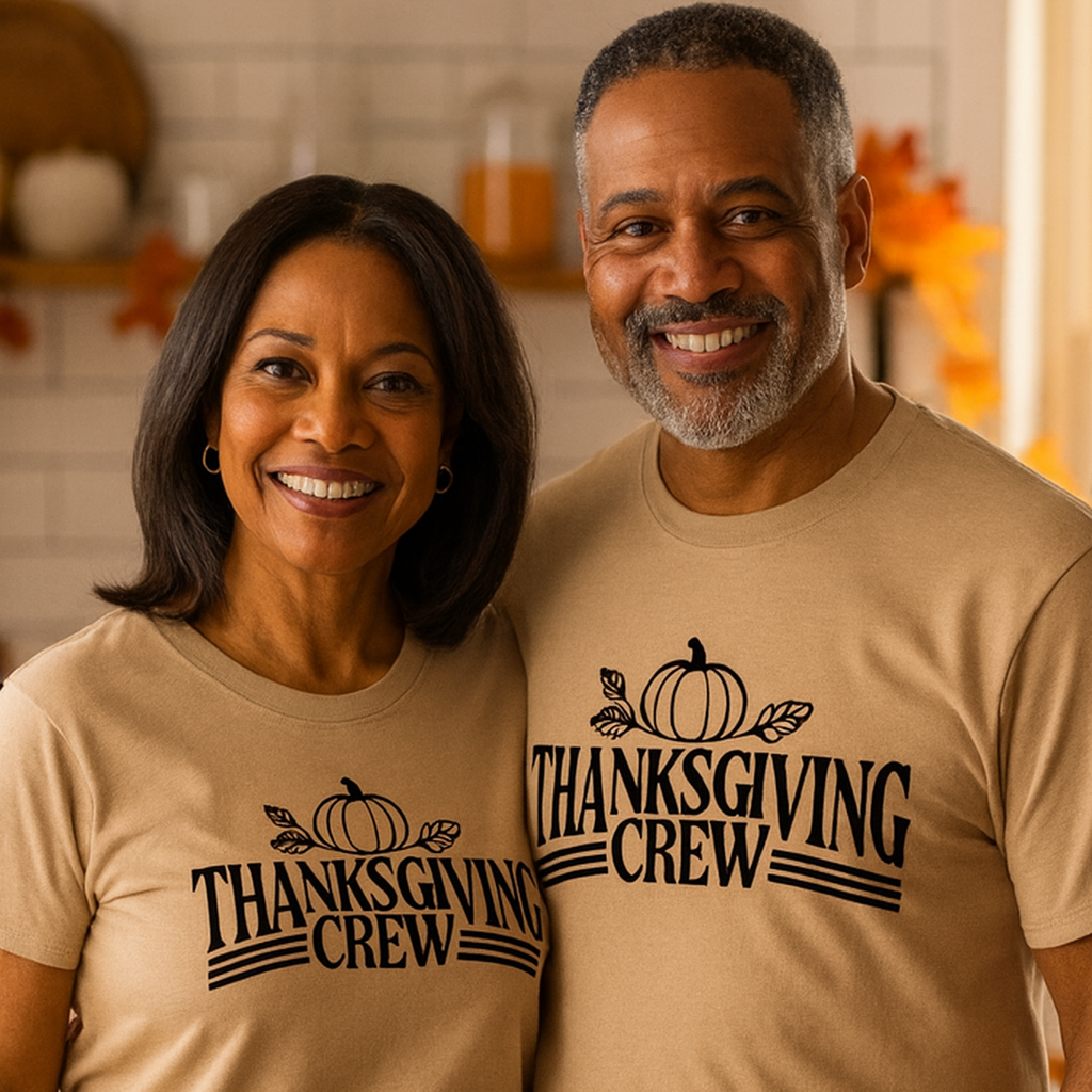 Two people wearing 'Thanksgiving Crew' shirts standing in front of a roasted turkey and pumpkins.