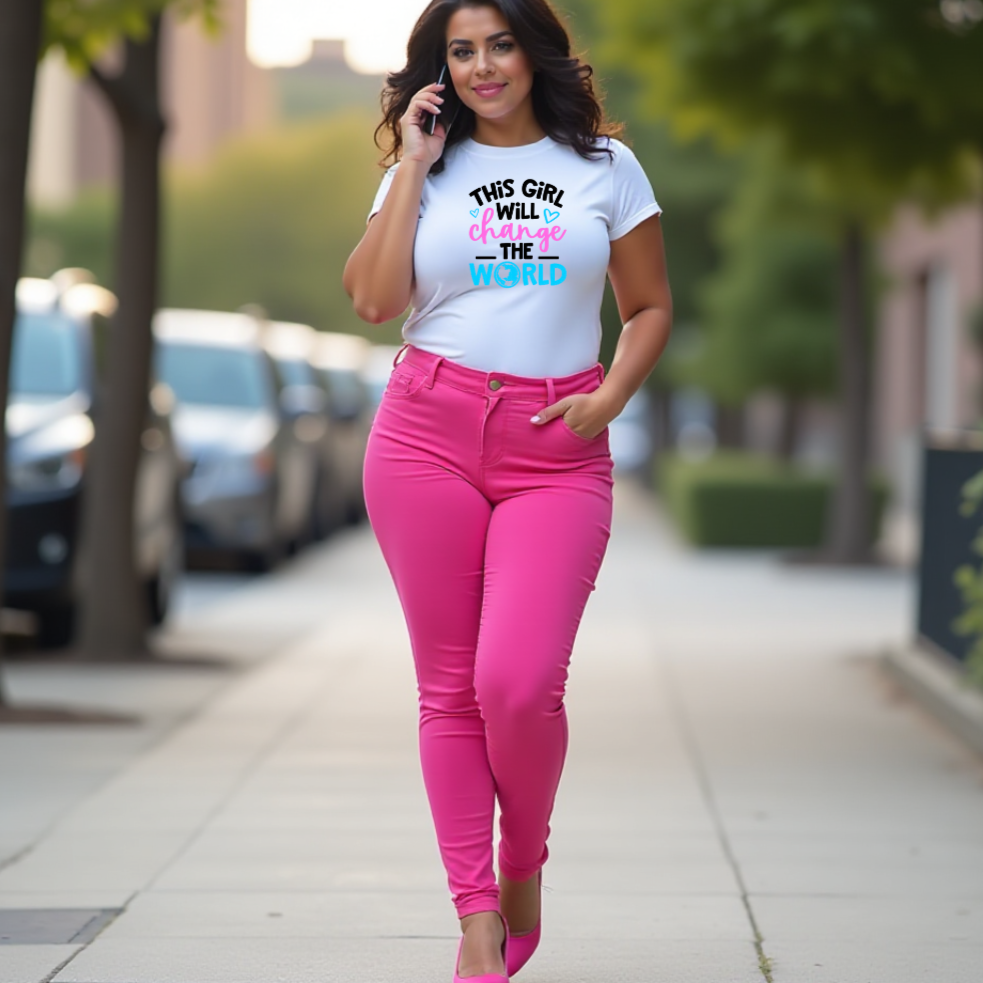 Woman in pink pants and a white t-shirt with colorful text "THIS GIRL WILL CHANGE THE WORLD" on a sidewalk.