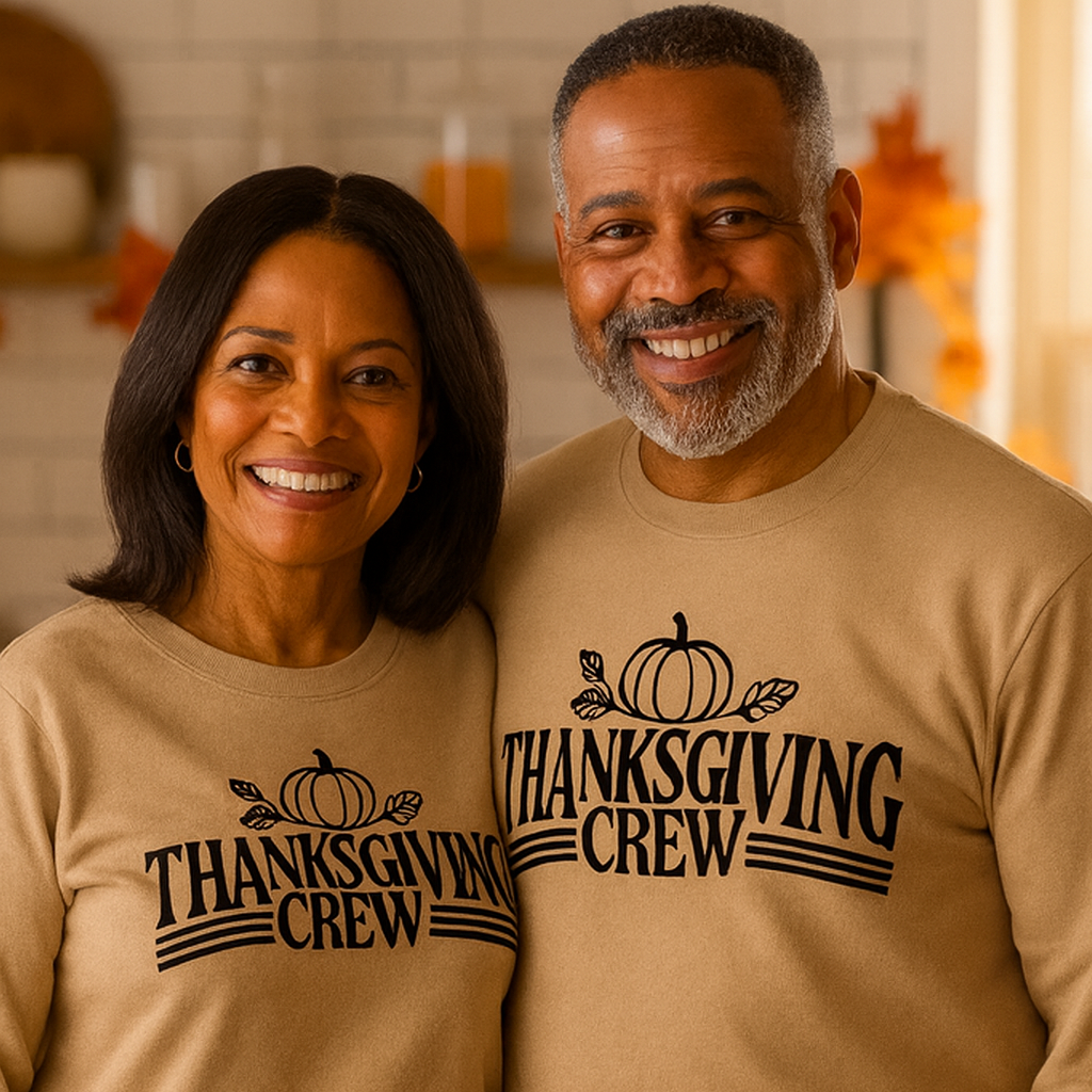 Two people wearing 'Thanksgiving Crew' sweaters with a turkey and pumpkin in front of them.
