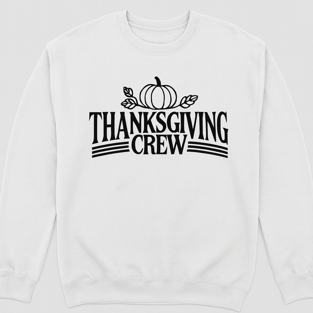 White sweatshirt with 'Thanksgiving Crew' text and pumpkin graphic on a white background