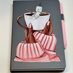 JOURNAL with a hand holding a mug illustration on a white background WARM THOUGHTS JOURNAL