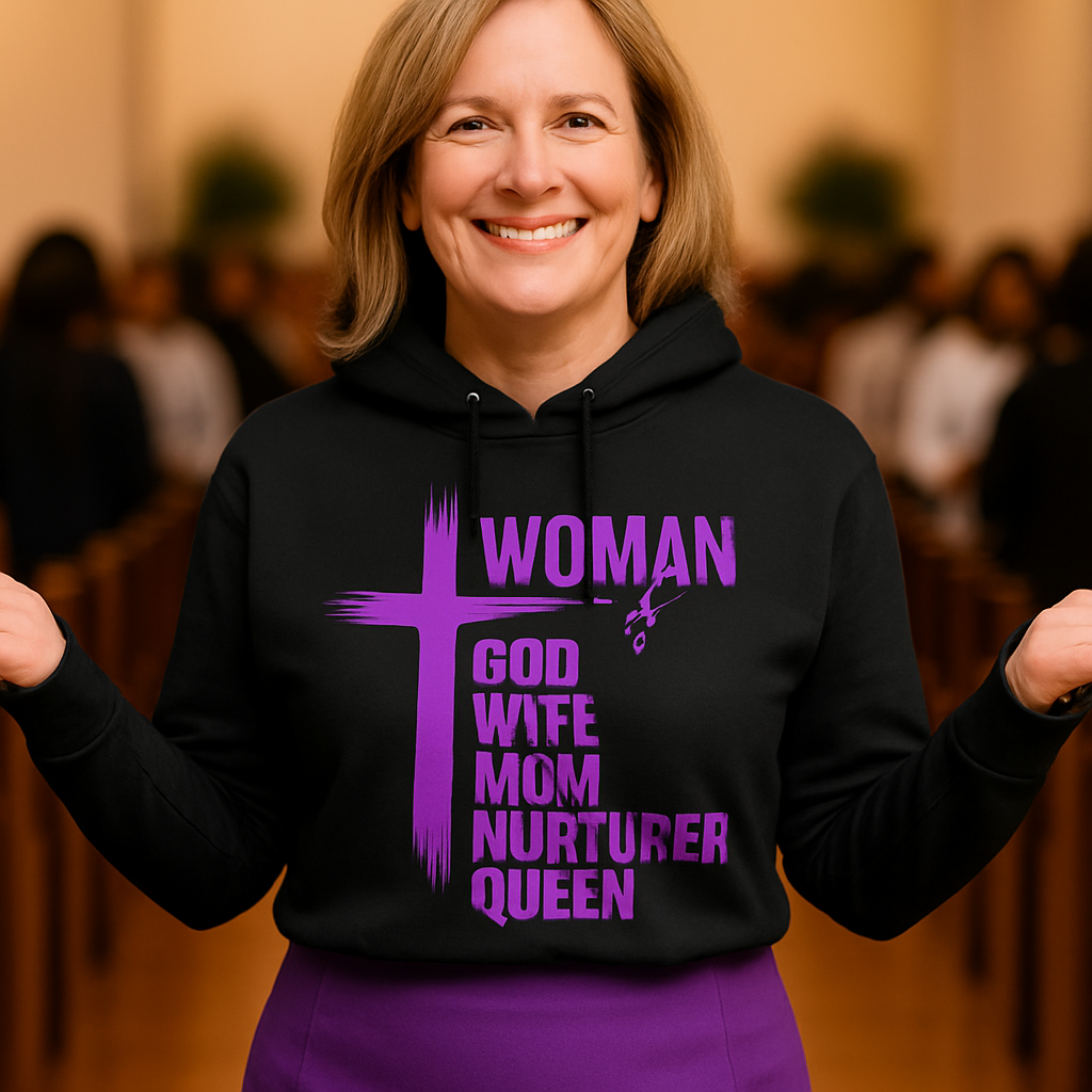 Woman wearing a black hoodie with purple text and graphics
