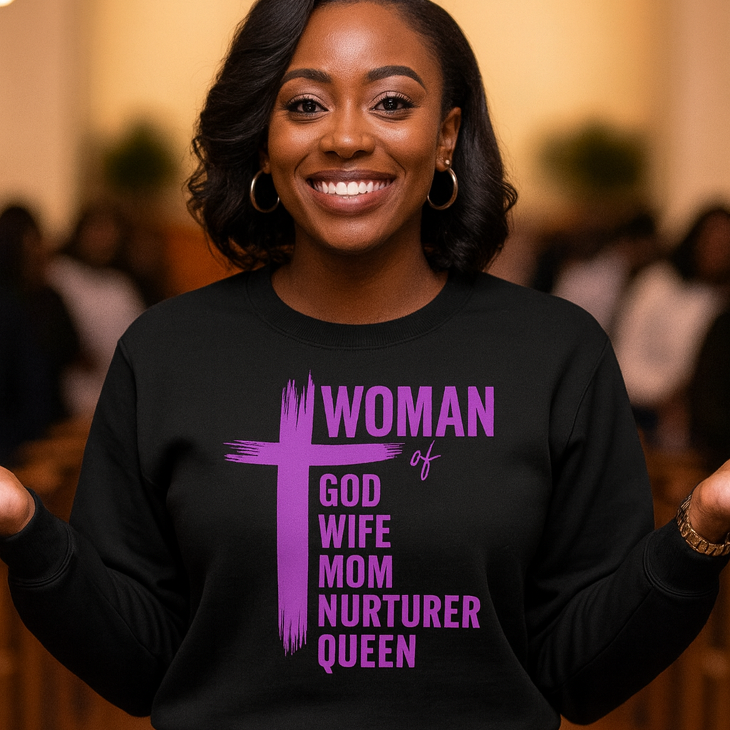 Woman wearing a black sweatshirt with purple text and graphics, standing in a blurred indoor setting.