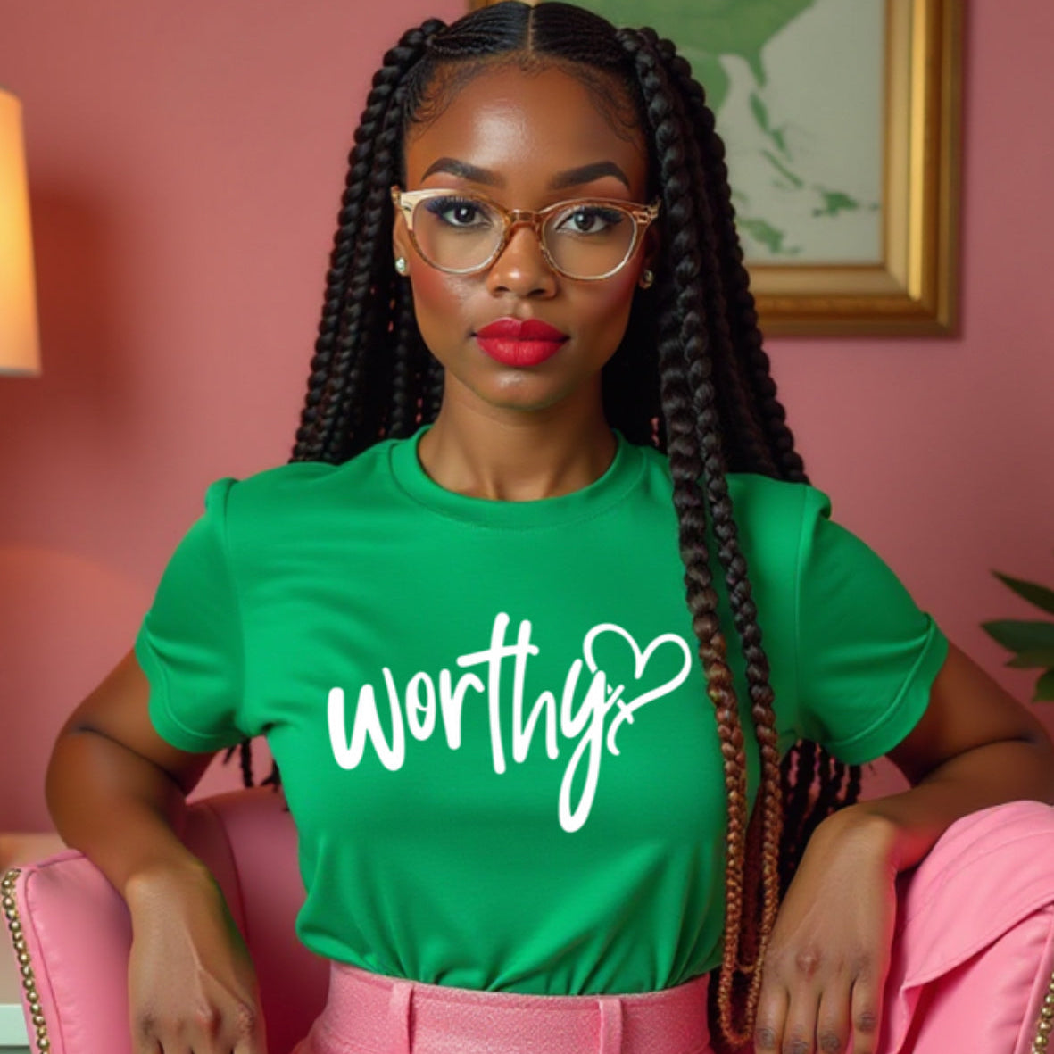 Woman wearing a green t-shirt with 'worthy' text, sitting on a pink chair against a pink wall.