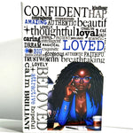 A Confident Love Notebook Journal with a hard cover featuring text and a portrait of a woman. The cover has words like 'amazing', 'authentic', 'beautiful', 'lovely', 'intelligent', 'gracious', 'faithful', 'thoughtful', 'loyal', 'blessed', 'brave', 'inspiring', 'beloved'.