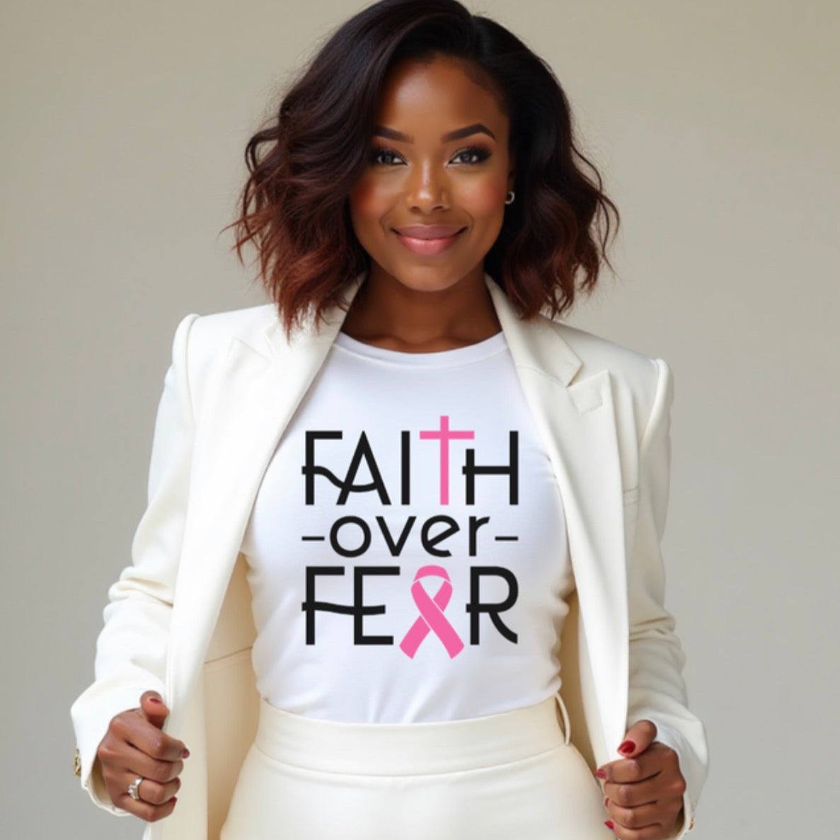 Woman wearing a white t-shirt with 'Faith over Fear' and a pink ribbon design.