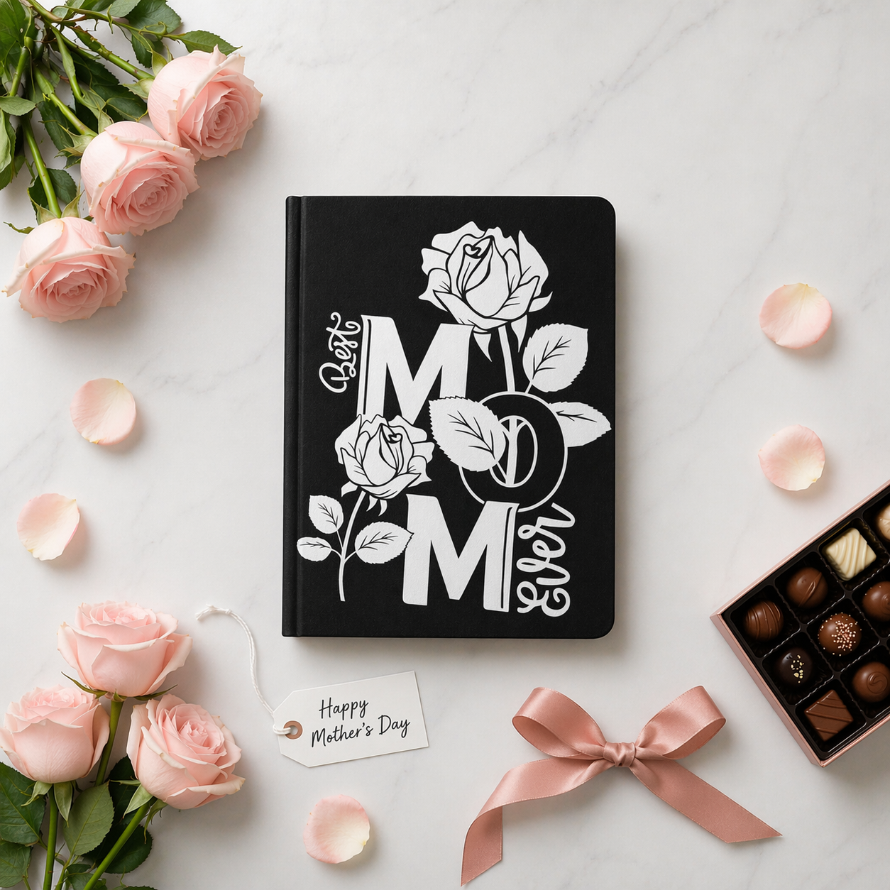 Black notebook with 'Best Mom Ever' design surrounded by pink roses and chocolates on a light surface.