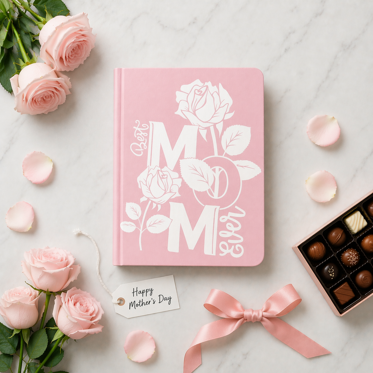Pink notebook with floral design and roses on a light surface