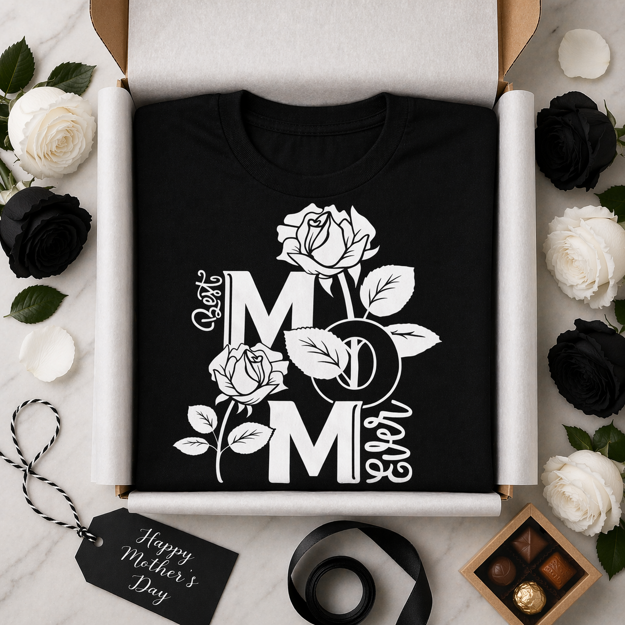 Black t-shirt with 'Best Mom Ever' design in a box surrounded by flowers and a tag.