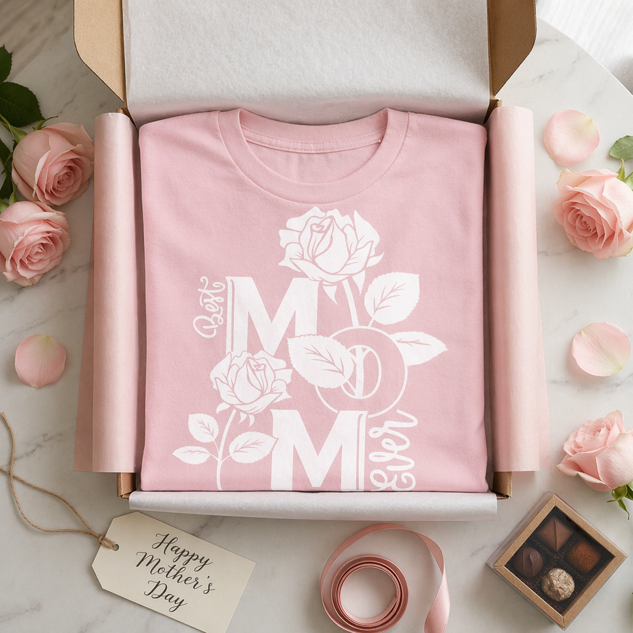 Pink t-shirt with 'Best Mom Ever' design in a box, surrounded by roses and a tag.