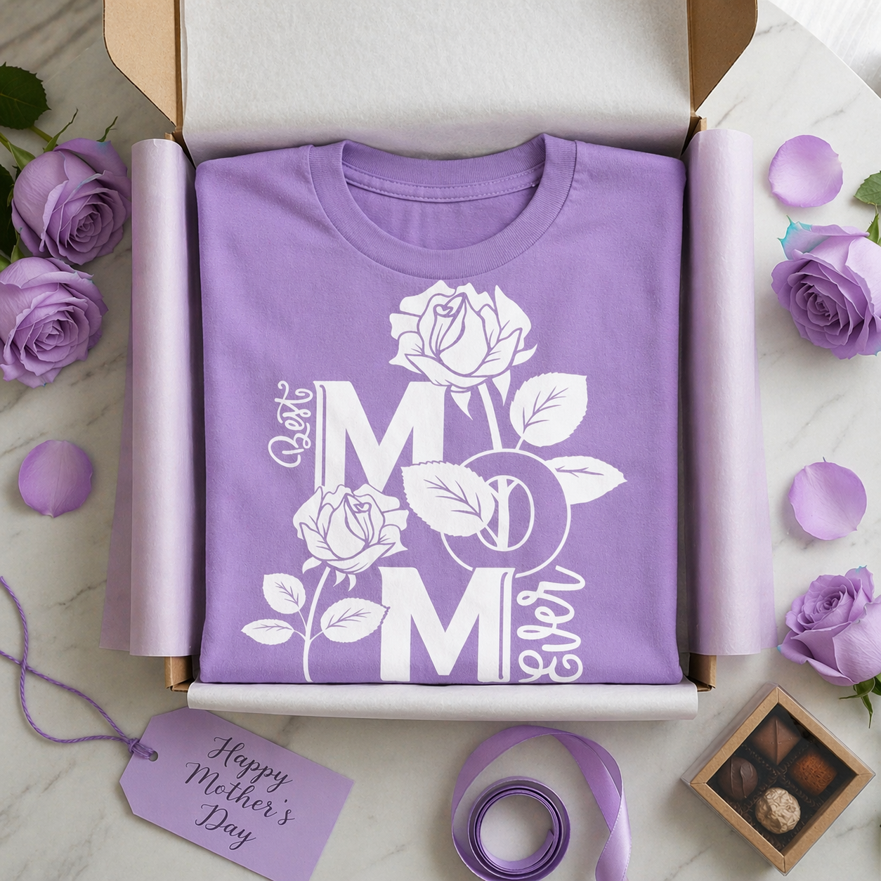 Folded purple t-shirt with 'Best Mom Ever' design, surrounded by roses and a tag on a marble surface.