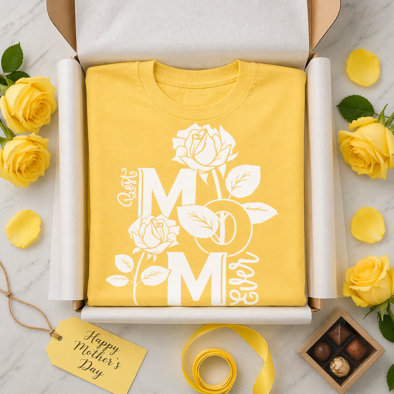 Yellow t-shirt with 'Mom' and rose design in a box, surrounded by yellow roses and a 'Happy Mother's Day' tag.