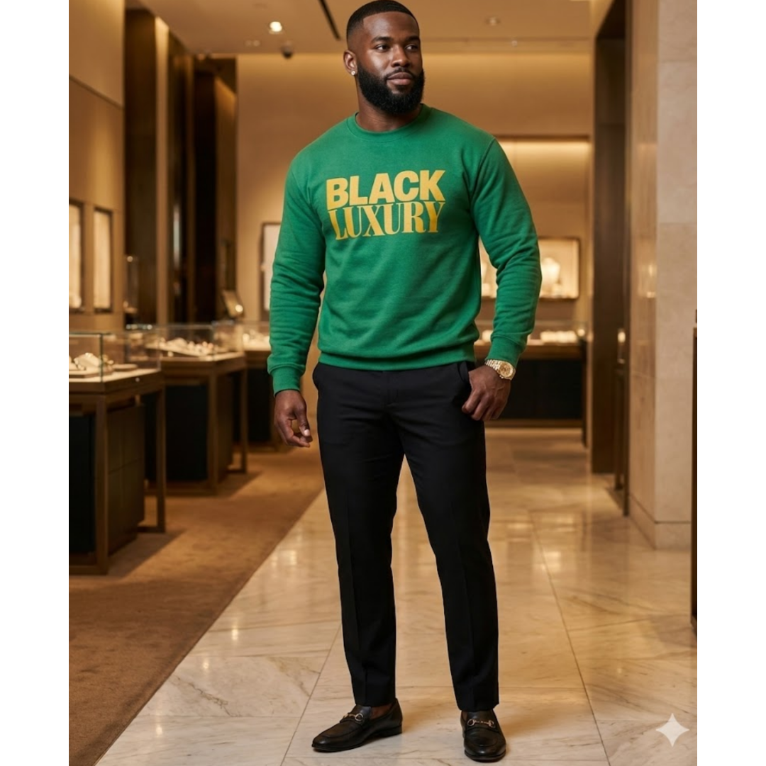 Man wearing a green 'Black Luxury' sweater in a mall setting