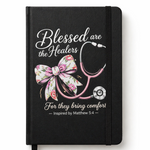 Black notebook with a floral bow and stethoscope design, featuring text about healers on a white background.
