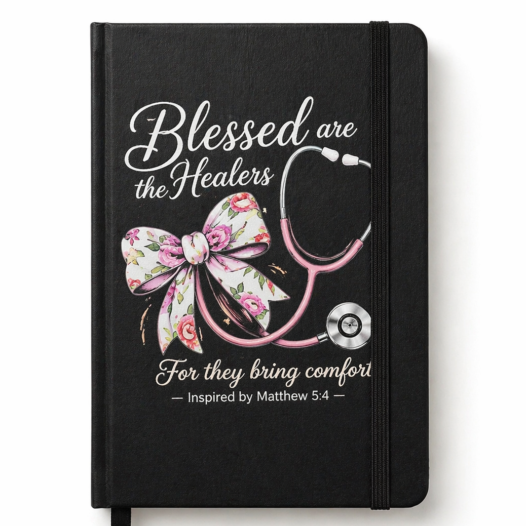 Black notebook with a floral bow and stethoscope design, featuring text about healers on a white background.