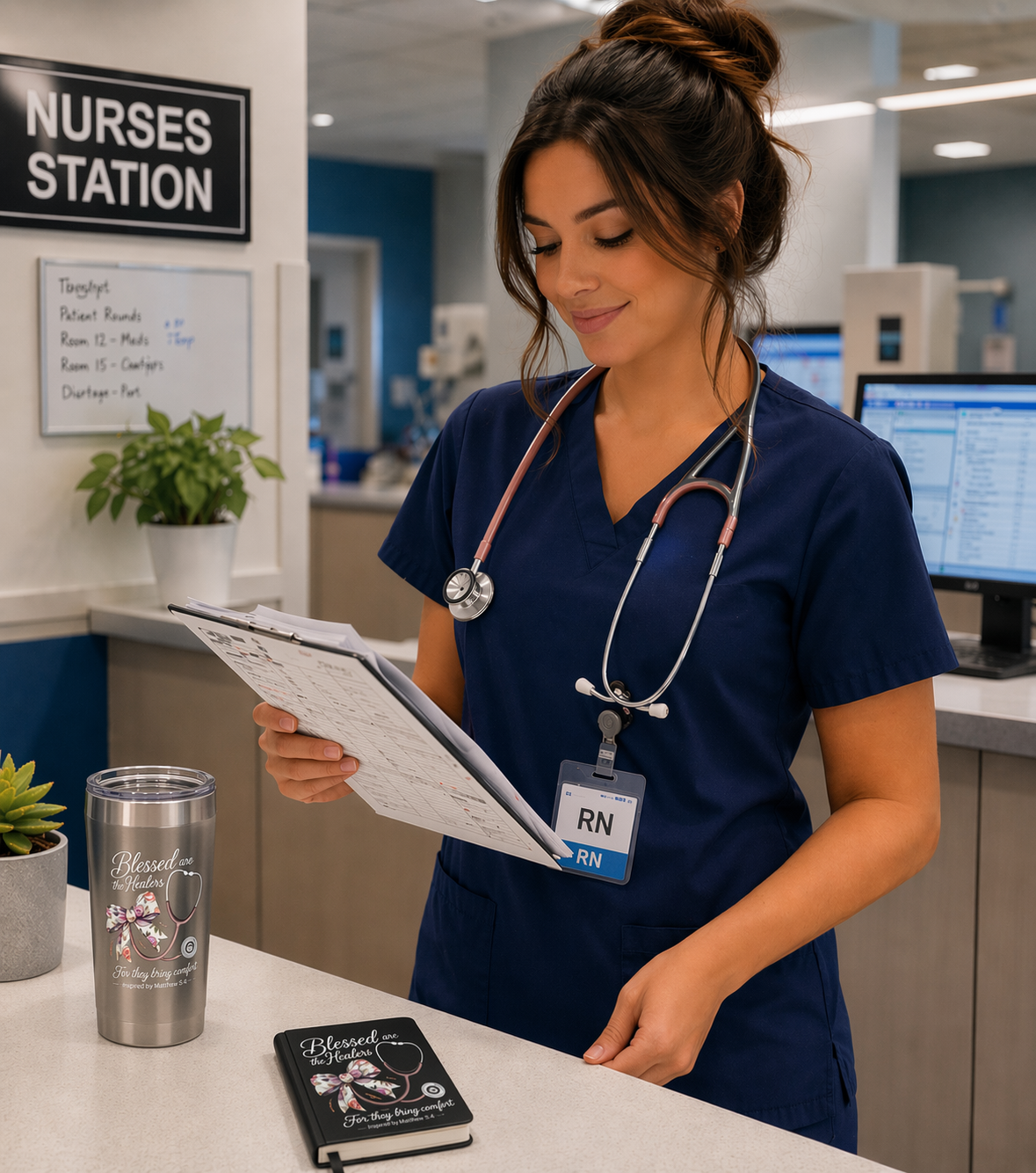 Nurse in a hospital setting holding a clipboard with a 'Nurses Station' sign in the background.