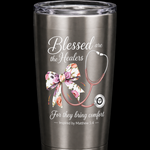 Silver tumbler with floral stethoscope design and text on a white background