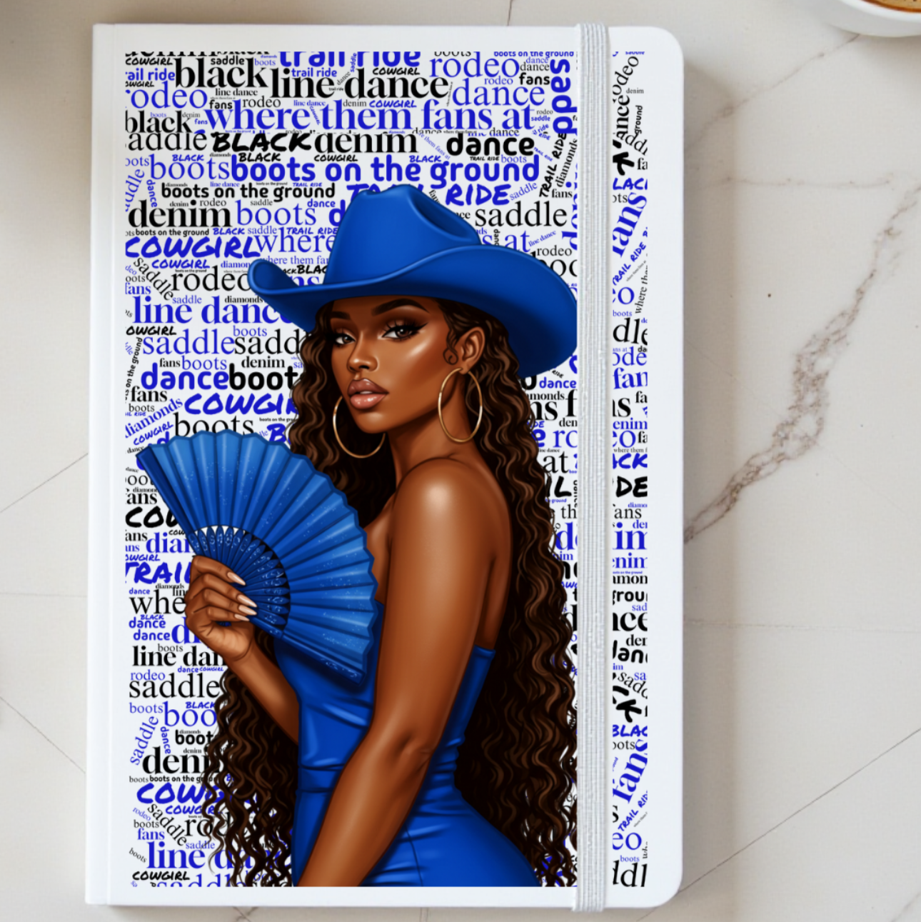 Book cover with a woman in a blue dress. BOOTS ON THE GROUND JOURNAL