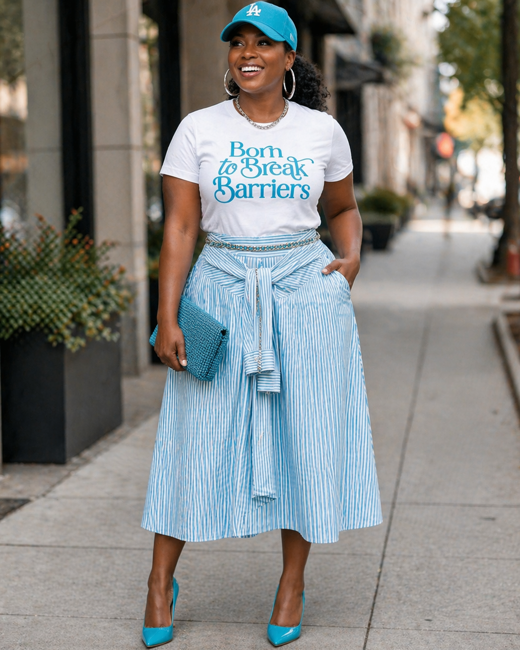 Woman in a white t-shirt with text, blue cap, and striped skirt standing on a city street.