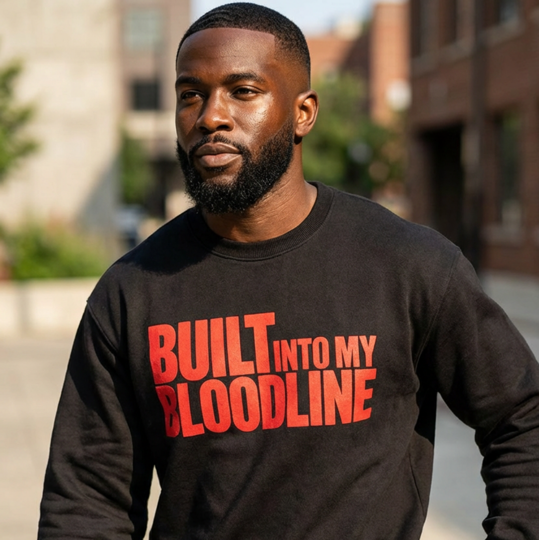 Man wearing a black sweatshirt with red text 'BUILT INTO MY BLOODLINE' outdoors.