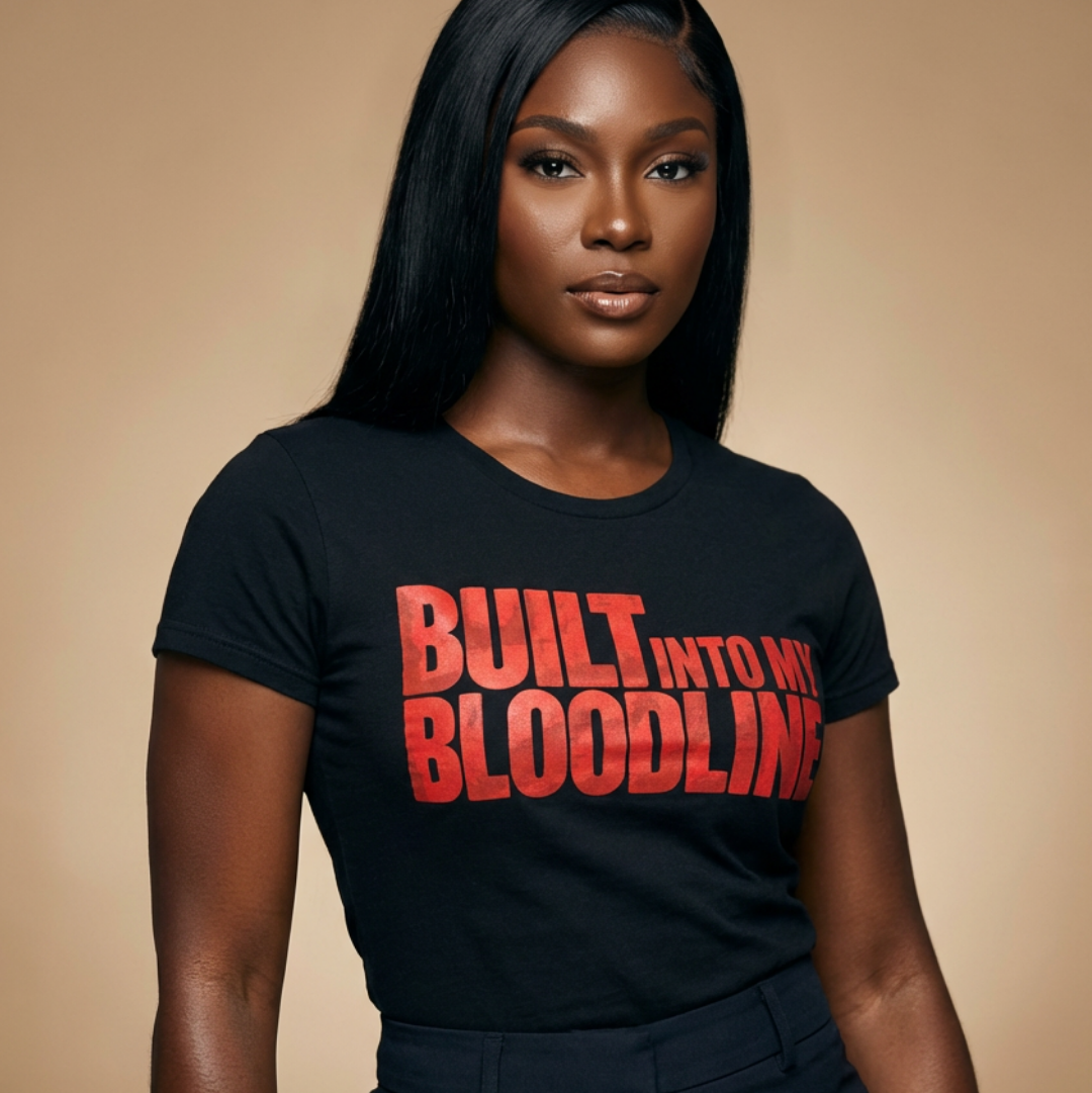 Person wearing a black t-shirt with 'BUILT INTO MY BLOODLINE' in red text on a beige background