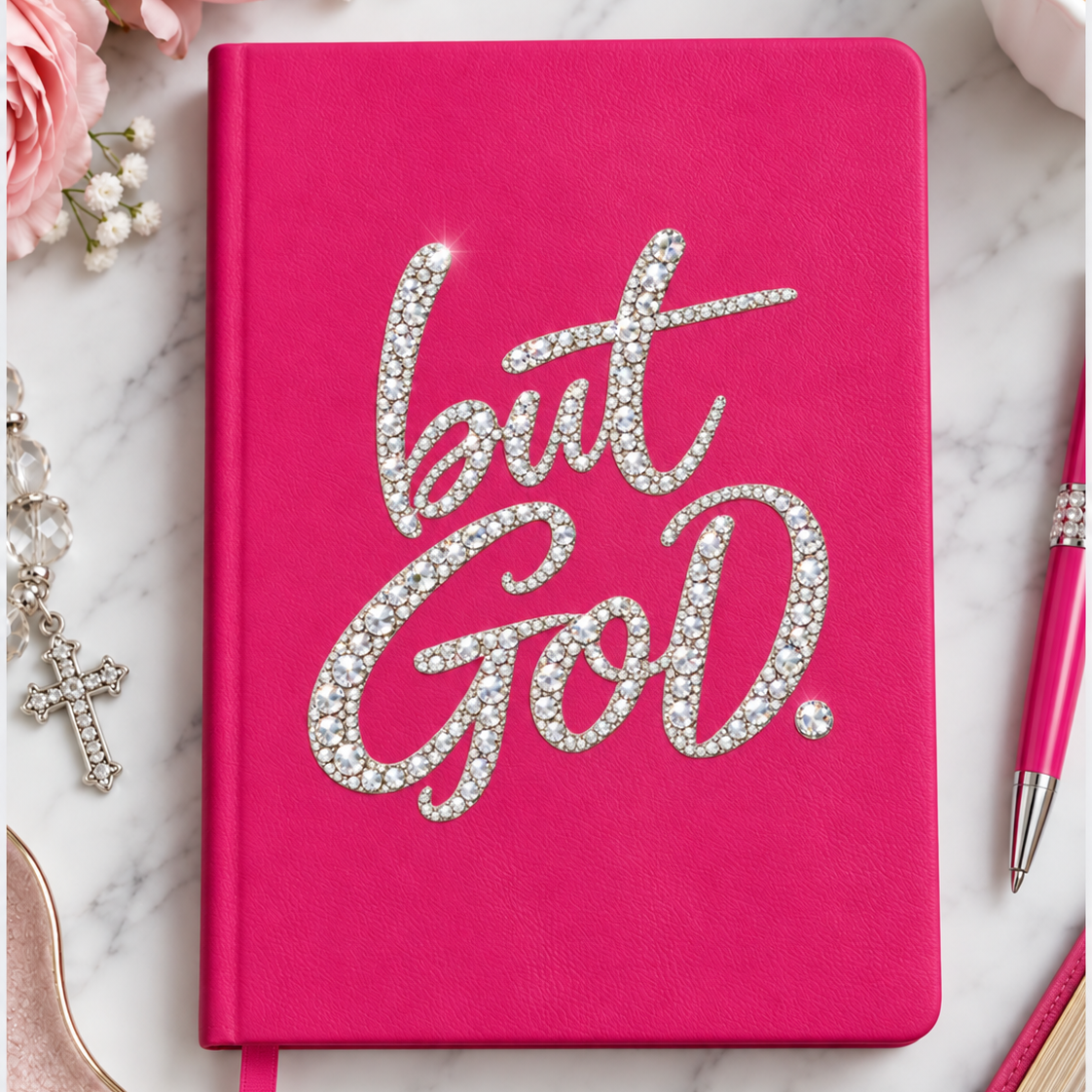A hot pink hardcover journal with the phrase 'but GOD.' in glittery silver script on the cover, styled on a white marble surface with pink roses, a cross, a pen, and a coffee cup nearby.