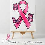 Pink breast cancer awareness ribbon with butterflies on a white background, displayed on a small easel.