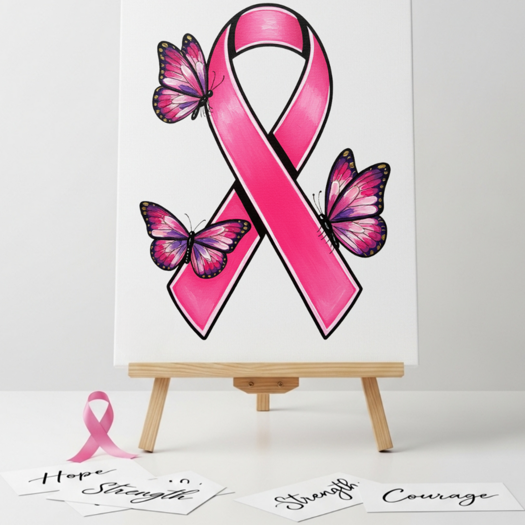 Pink breast cancer awareness ribbon with butterflies on a white background, displayed on a small easel.