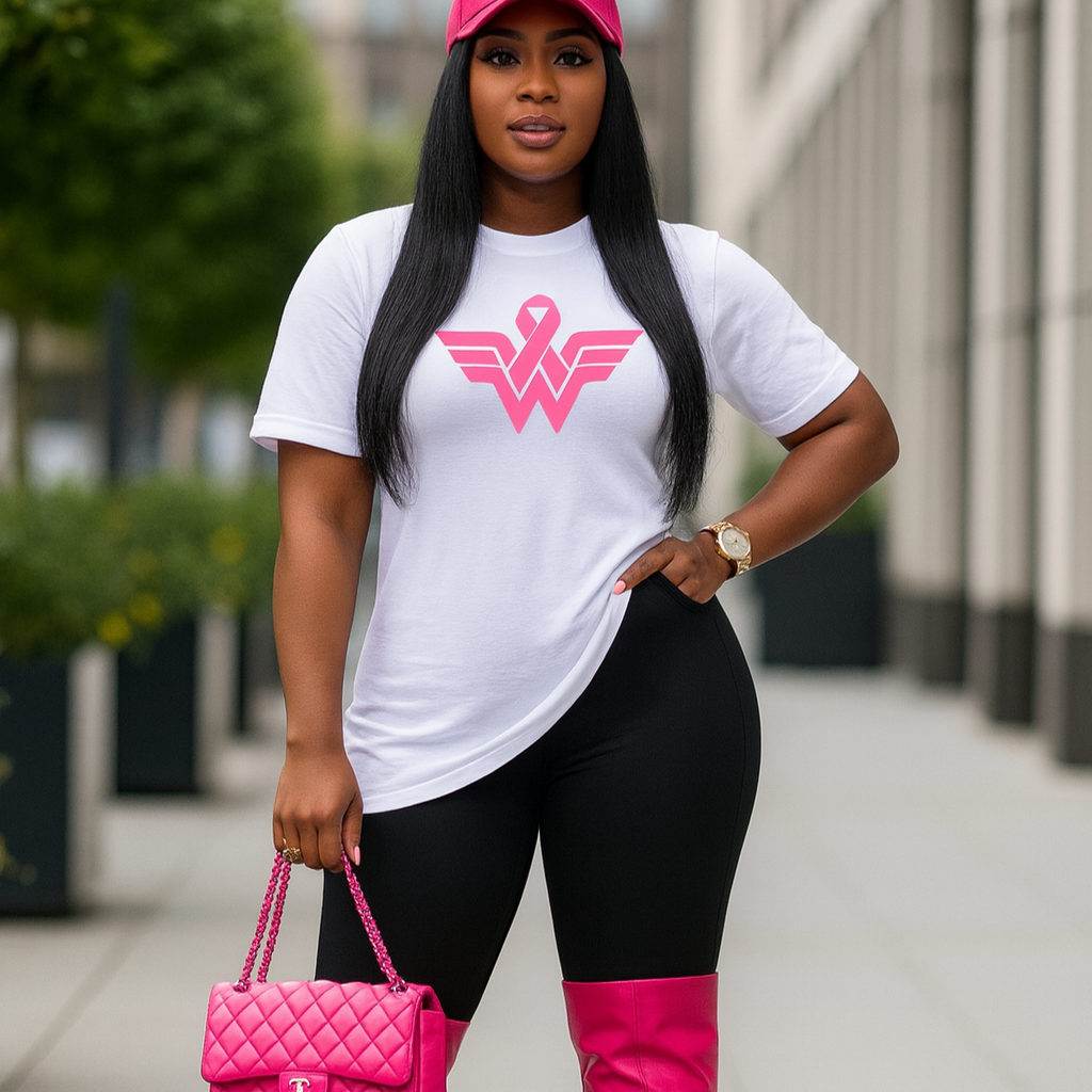 Woman wearing a white t-shirt with a pink logo, black leggings, and pink knee-high boots on a city street.