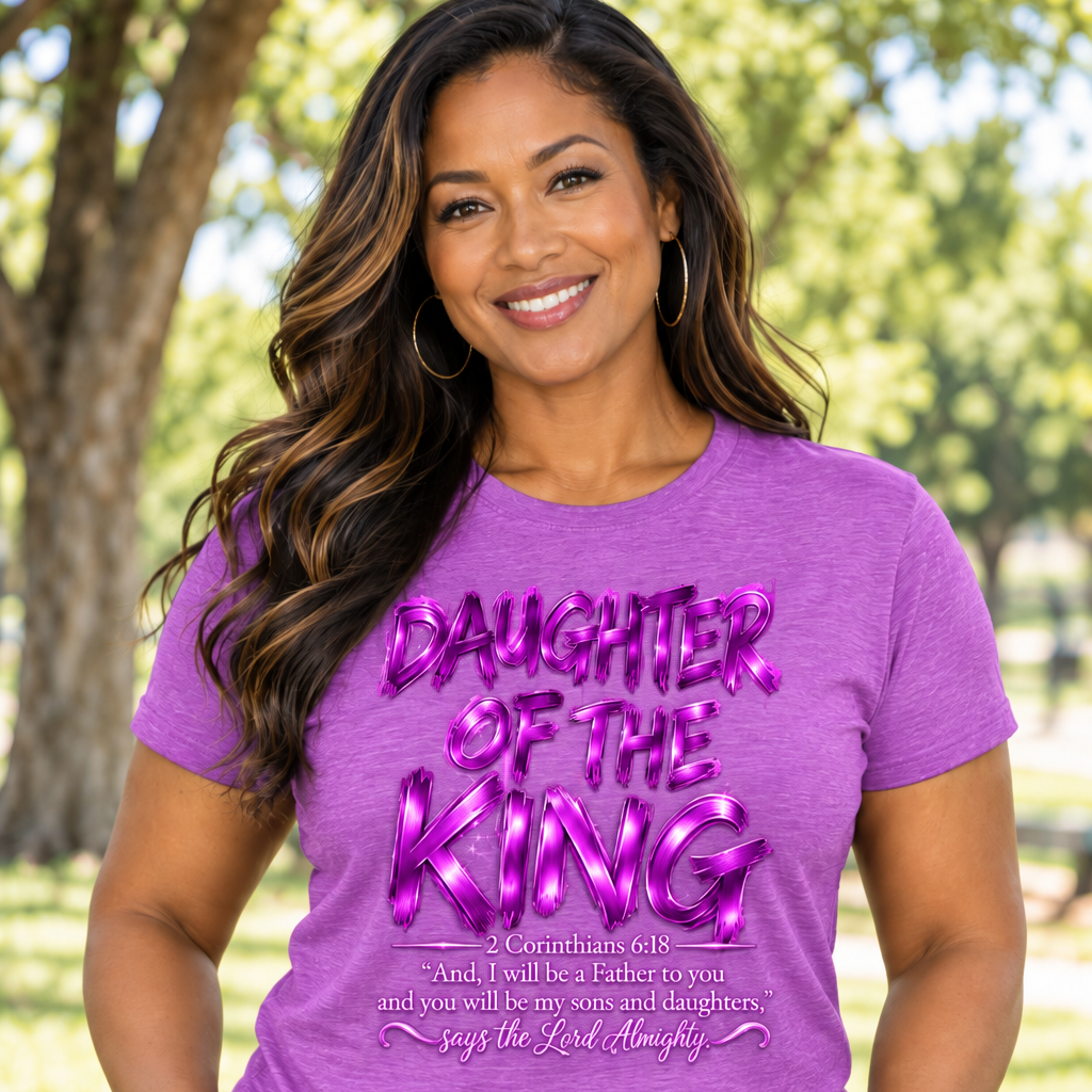 A woman wearing a purple graphic t-shirt with 'DAUGHTER OF THE KING' printed in metallic pink letters, standing outdoors in front of a blurred green background.