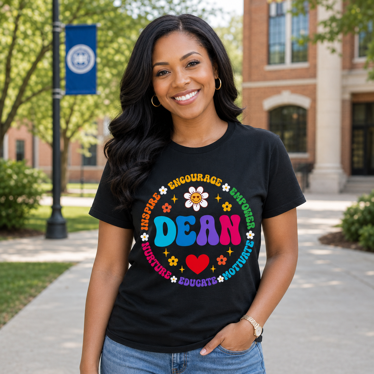 A woman stands outdoors on a campus walkway wearing a black graphic T-shirt with a colorful circular 'DEAN' design and blue jeans. The background shows a brick building, trees, and a flagpole.
