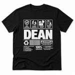 A black short-sleeve crewneck t-shirt with a white graphic print on the front. The graphic features the word 'DEAN' in bold block letters, surrounded by icons for 'Role Enforcer', 'Student Advocate', 'Problem Solver', and 'Behavior Coach', along with a barcode and warning label design.