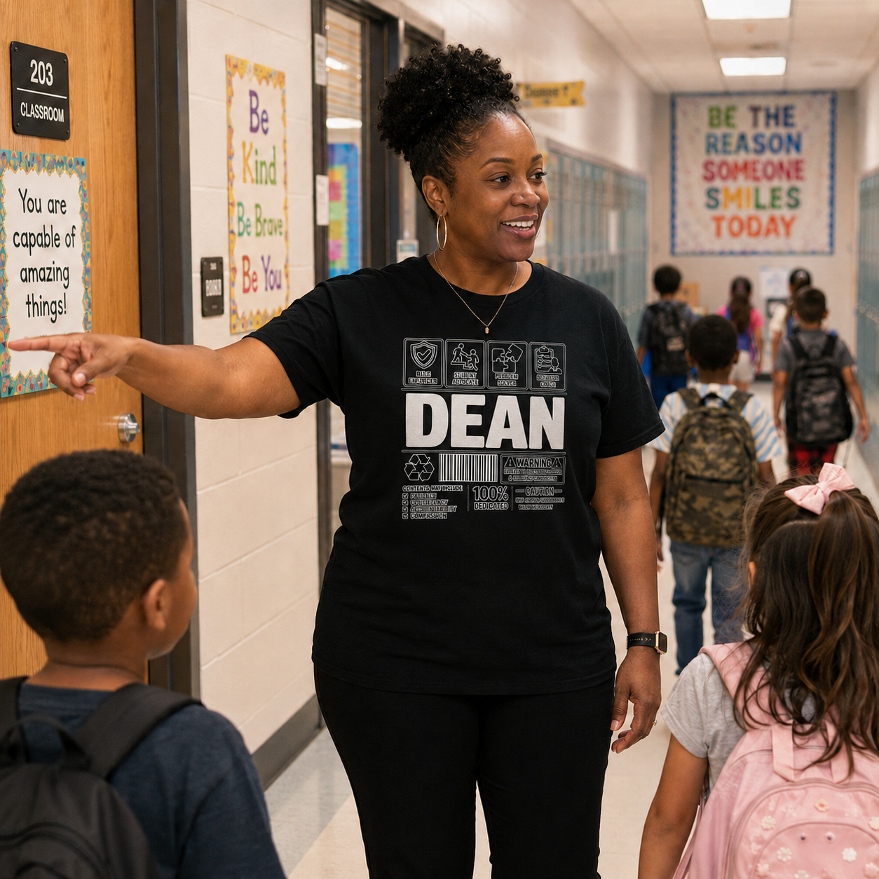A woman in a black t-shirt with a white 'DEAN' graphic stands in a school hallway, smiling and pointing toward a classroom door while interacting with children.
