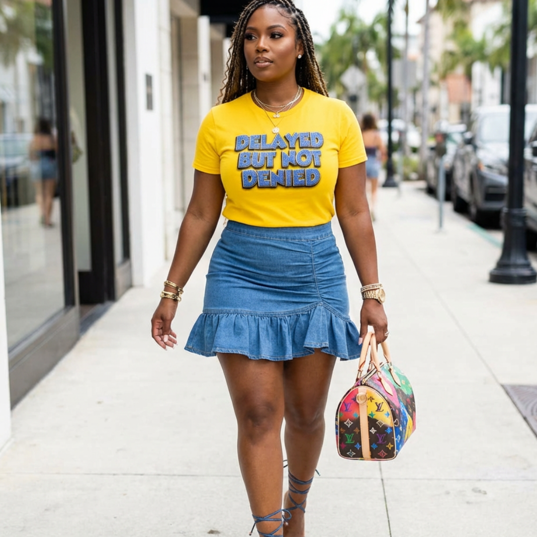 Woman walking on a sidewalk wearing a yellow t-shirt with text "DELAYED BUT NOT DENIED" and a blue denim skirt. 
