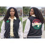 Two views of a person wearing a black and white letterman jacket with a visible design on the back.
