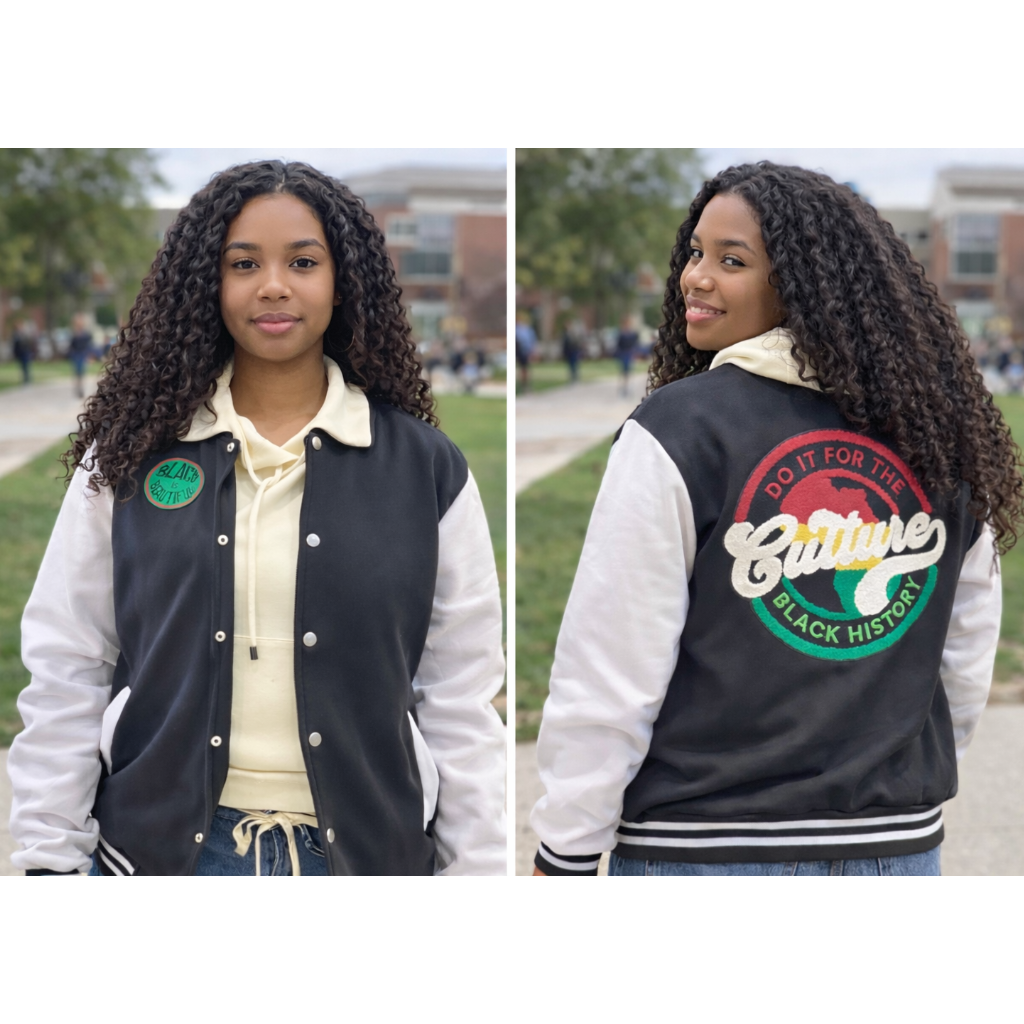 Two views of a person wearing a black and white letterman jacket with a visible design on the back.