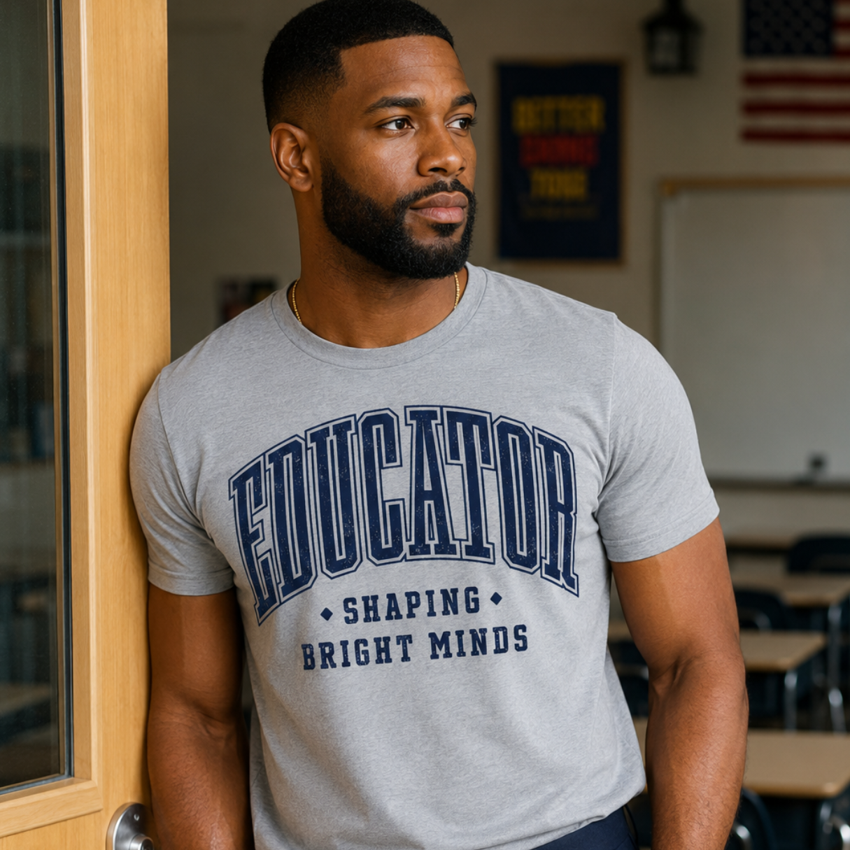 A man wearing a light gray heather t-shirt with navy blue collegiate-style text that reads 'EDUCATOR SHAPING BRIGHT MINDS', standing in a classroom environment.