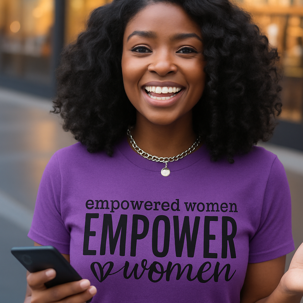 Woman wearing a purple t-shirt with 'empowered women EMPOWER women' text, holding a phone.
