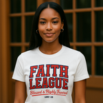 Person wearing a white t-shirt with 'Faith League' text, standing against a wooden paneled background.